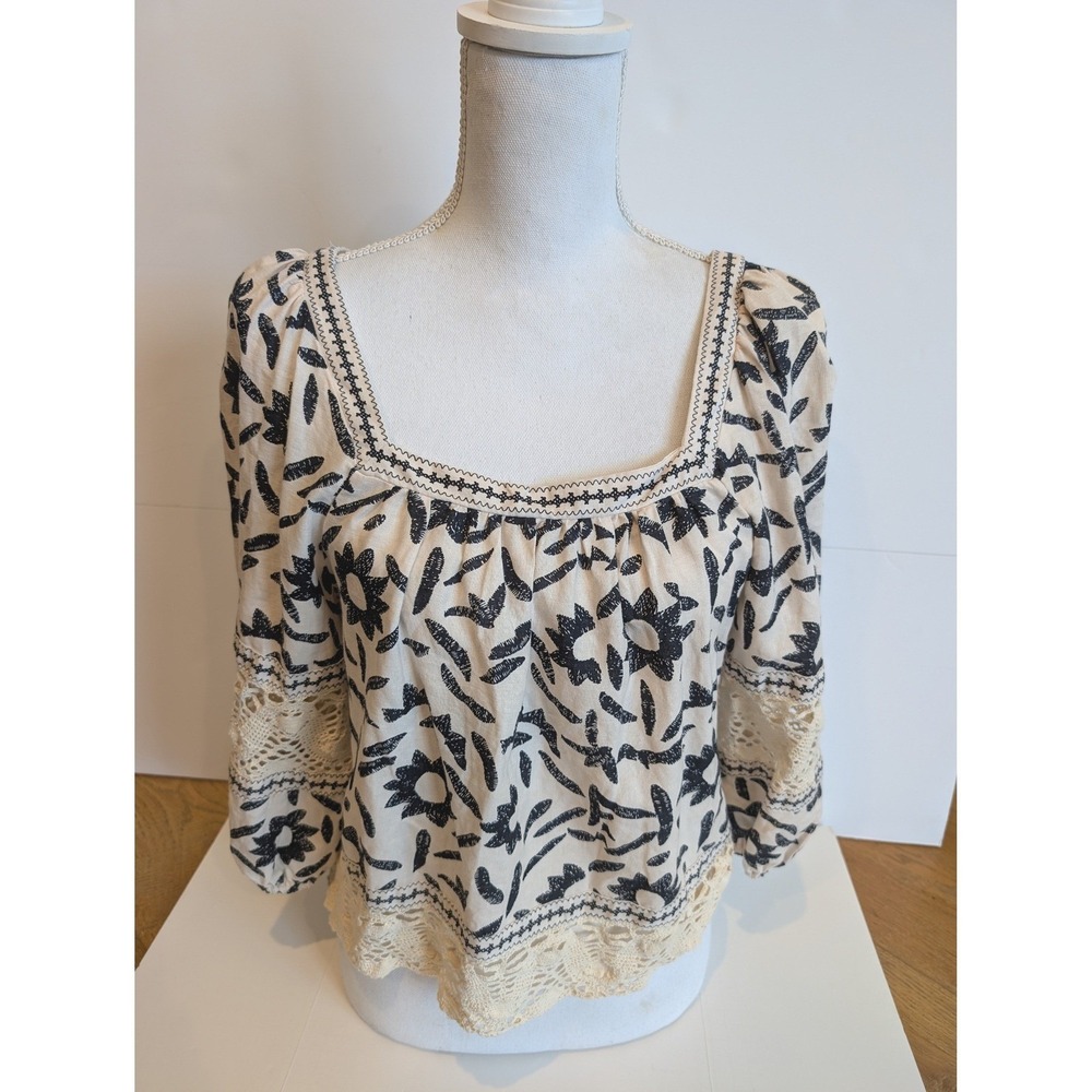 Christian Siriano New York Blouse Linen Blend Floral Lace Trim XS Cream Black
